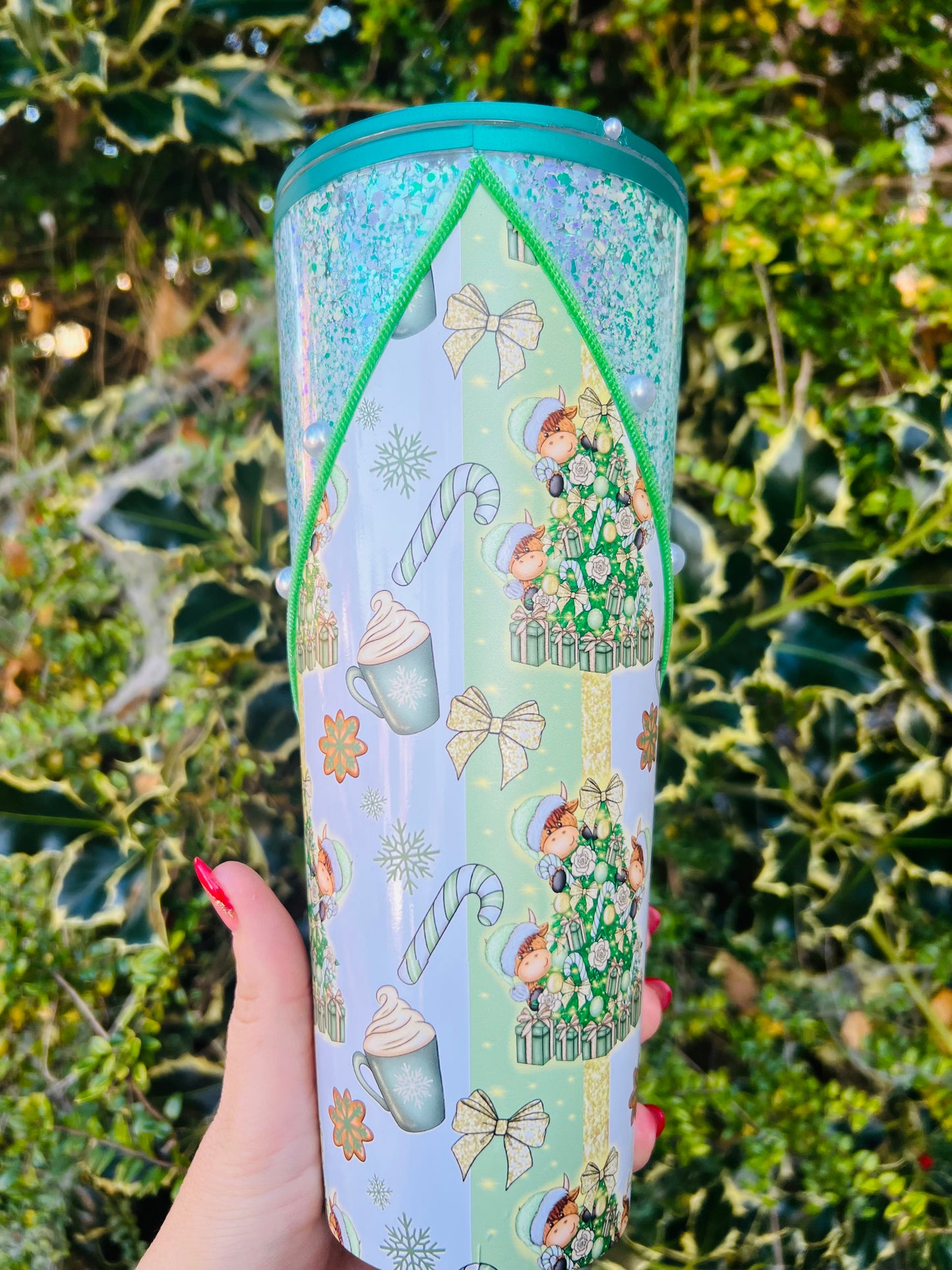 24oz sage green Christmas highland cow zipper tumbler