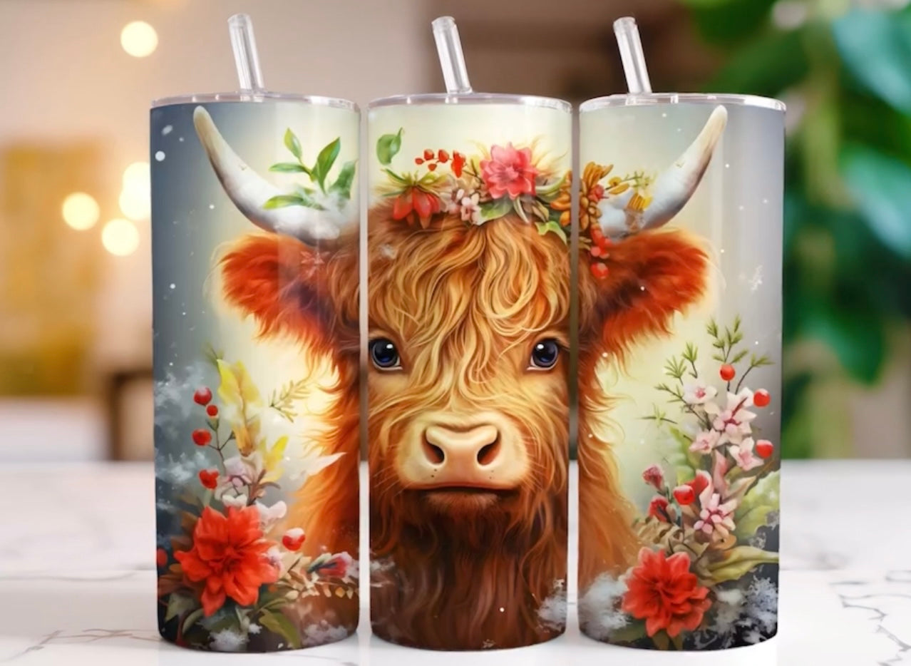 Christmas highland cow with flowers 20oz tumbler