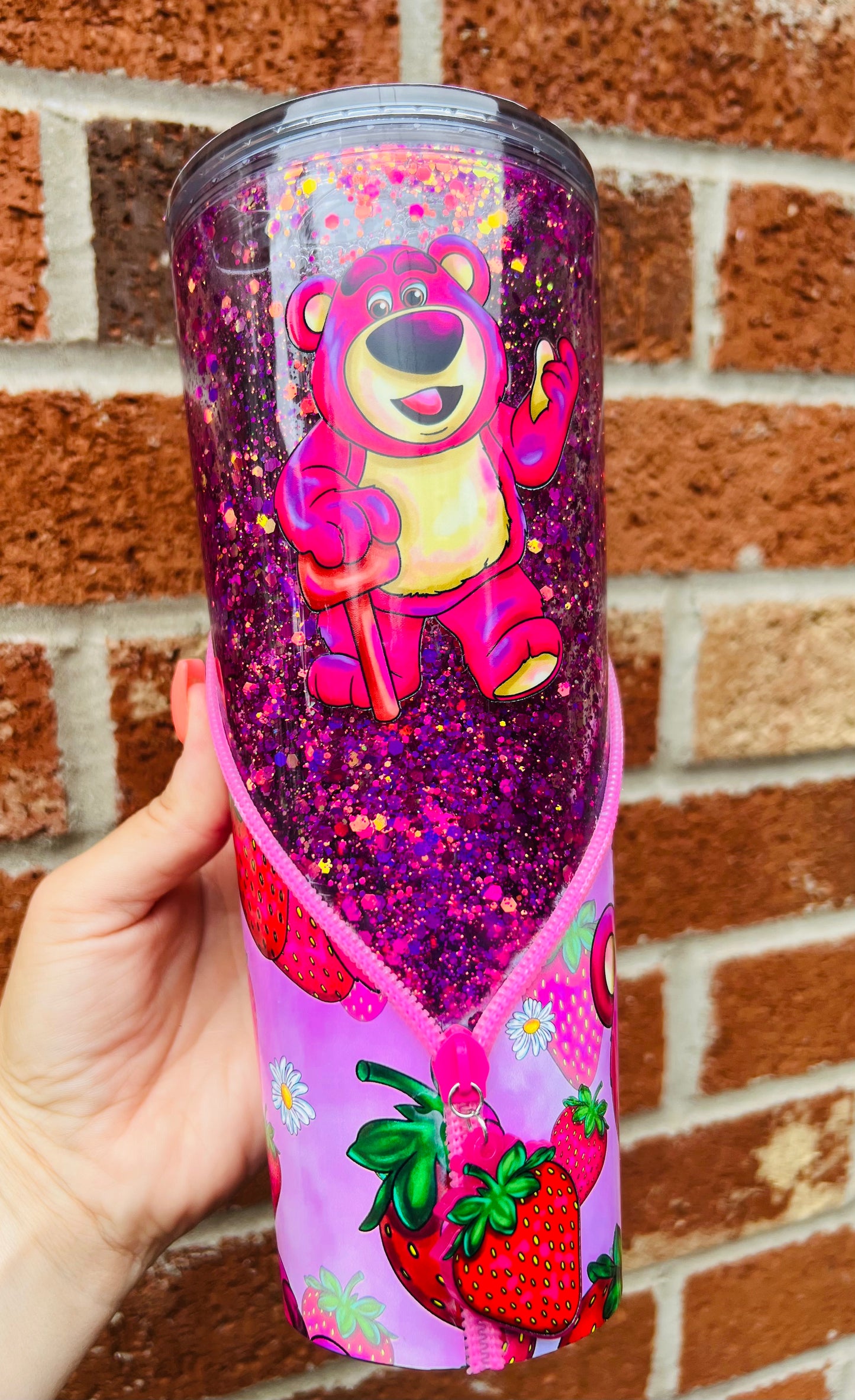 Strawberry bear 24oz zipper snow globe tumbler