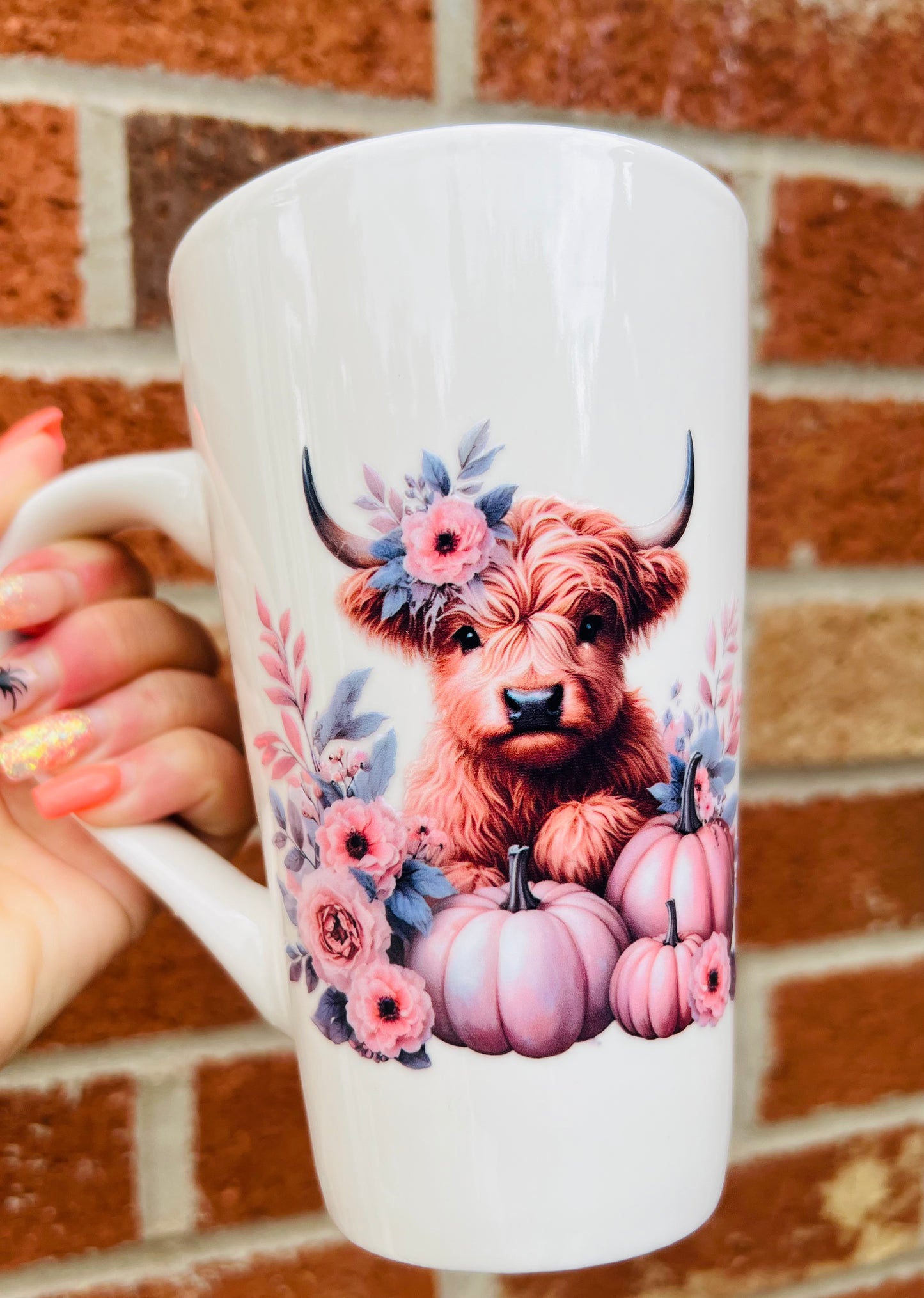 Pink pumpkin highland cow large latte mug