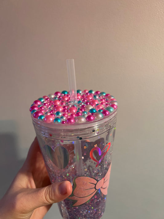 16oz pretty in pink bow snow globe tumbler
