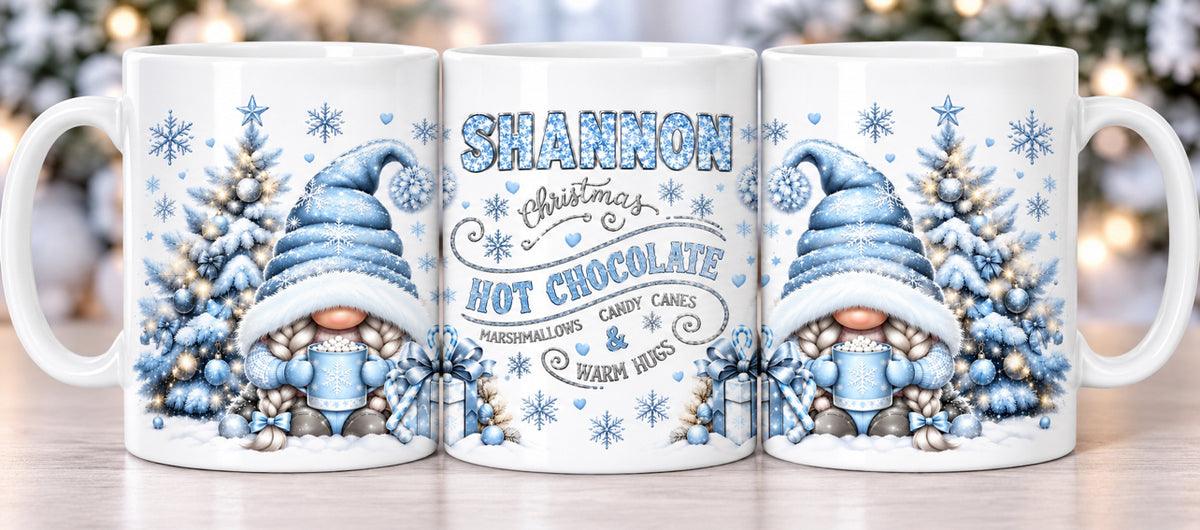 Personalised blue gnome hot chocolate mug
