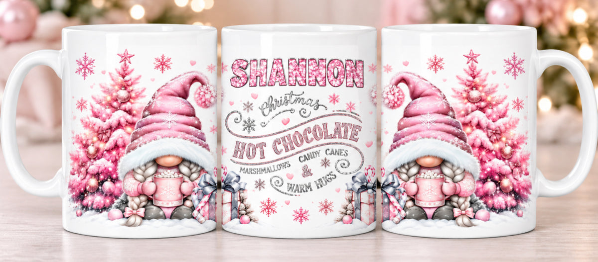 personalised pink gnome hot chocolate mug