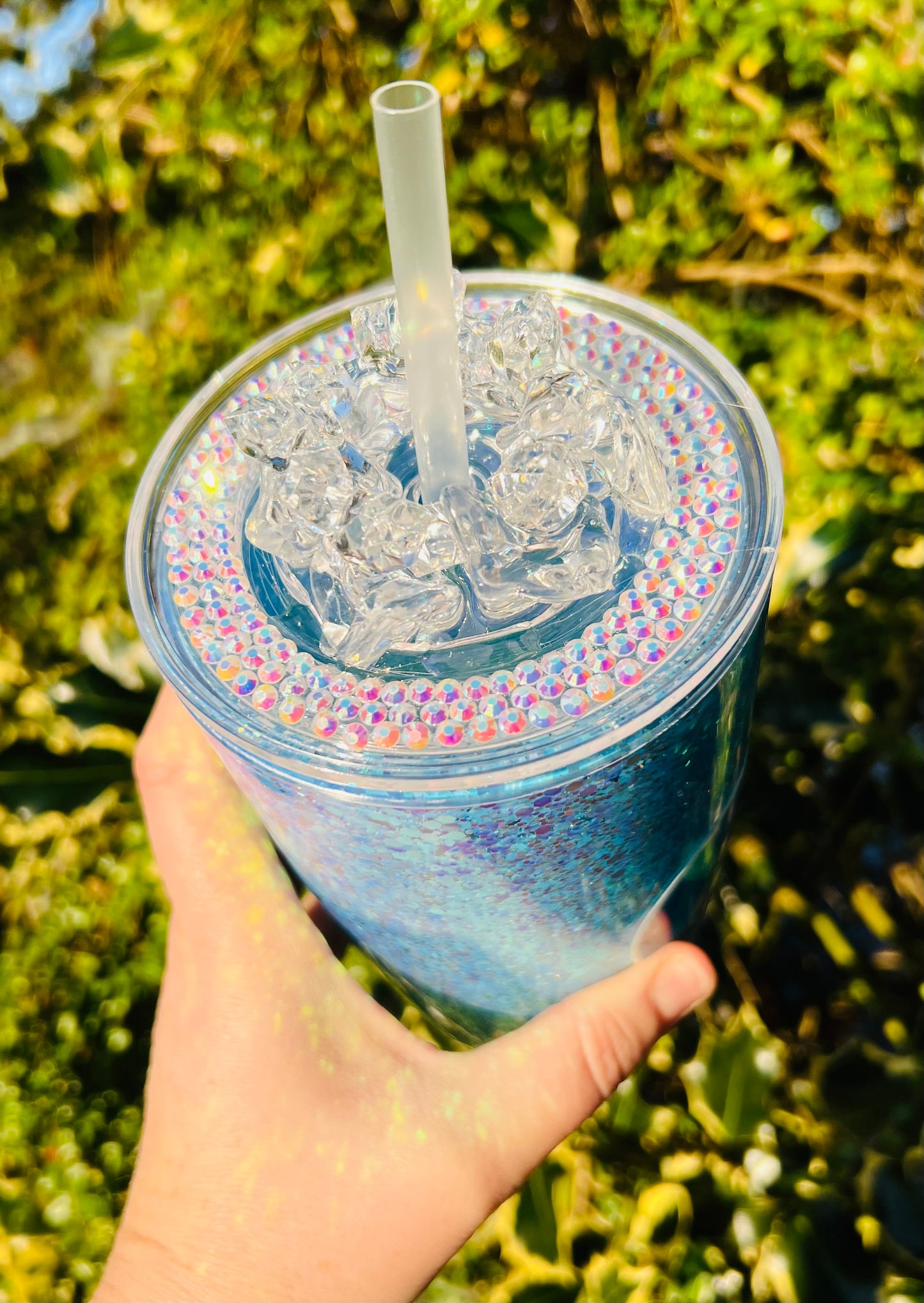 24oz glitter fan tumbler with faux ice lid