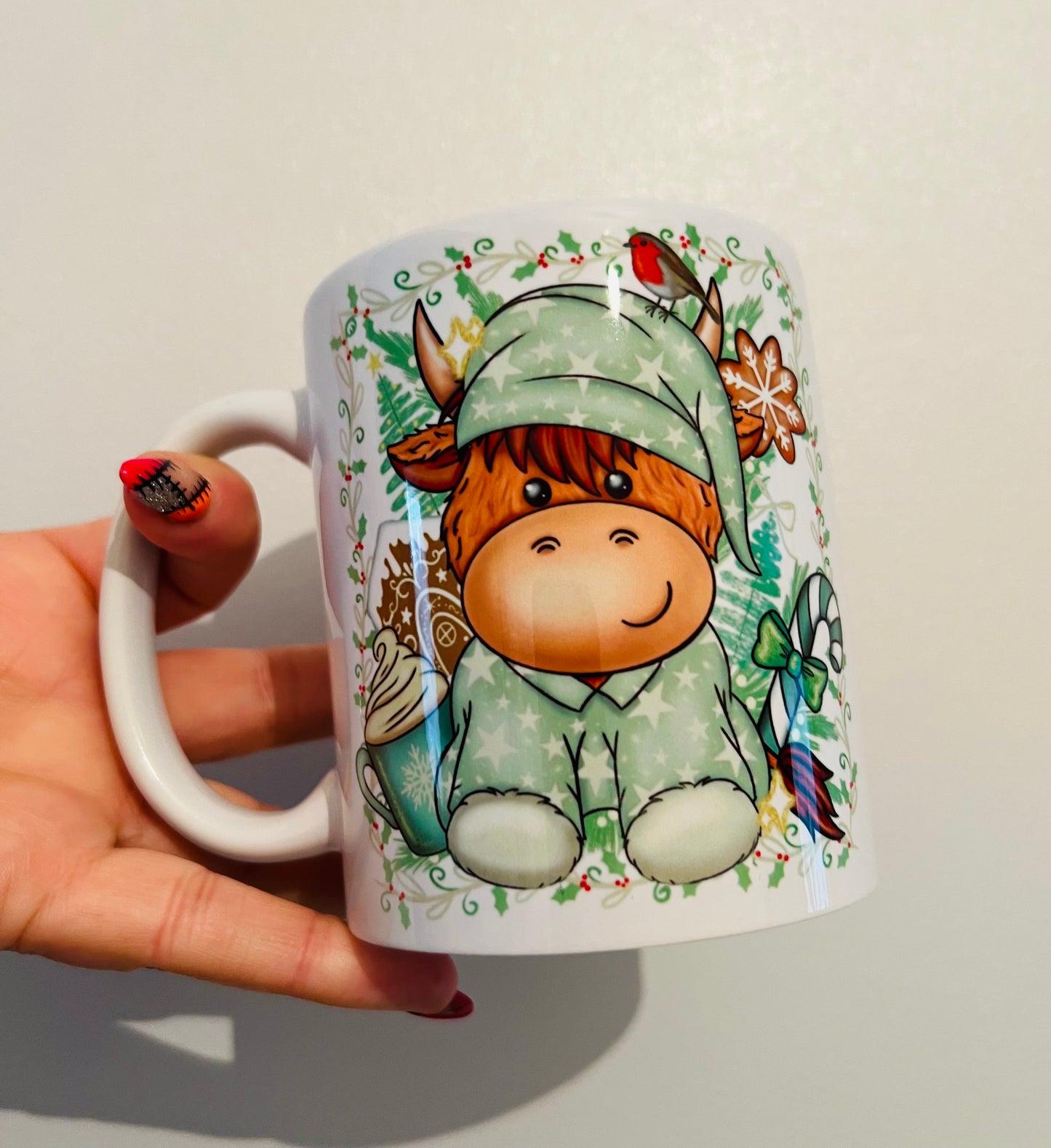 11oz sage green highland cow with robin mug