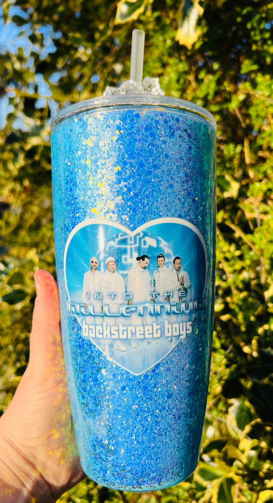 24oz glitter fan tumbler with faux ice lid