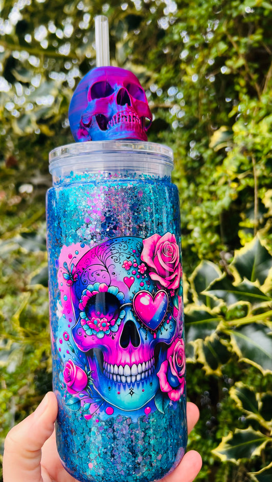 20oz acrylic colour shift glitter skull with roses & skull topper