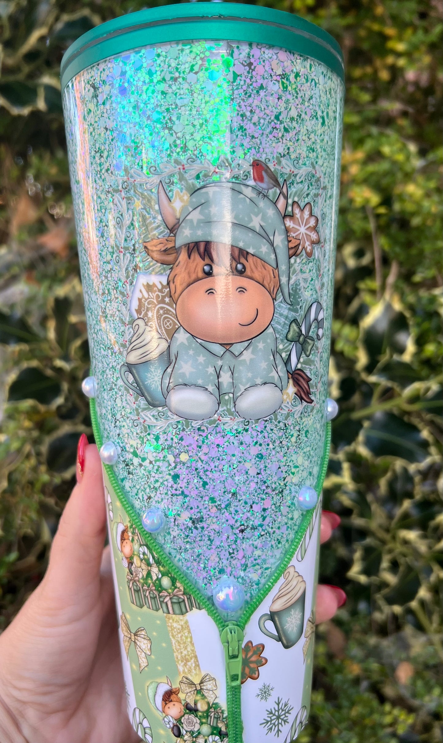 24oz sage green Christmas highland cow zipper tumbler