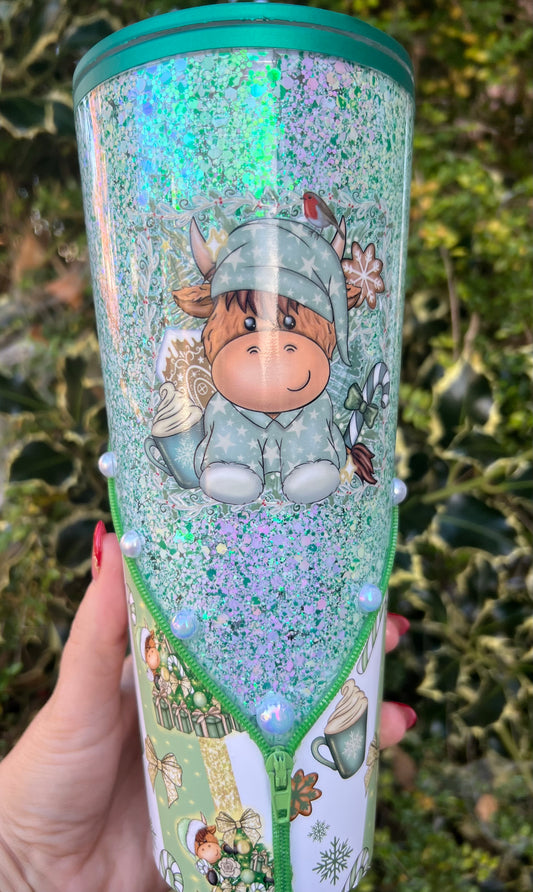 24oz sage green Christmas highland cow zipper tumbler