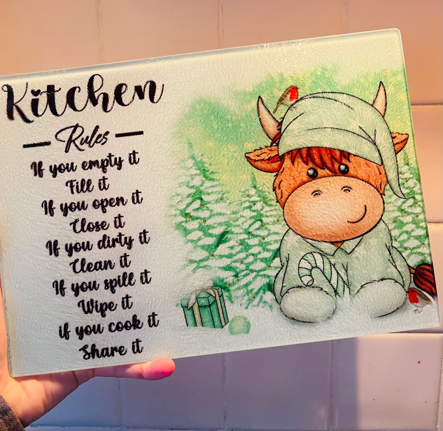 Kitchen Rules sage green highland cow Christmas glass cutting board