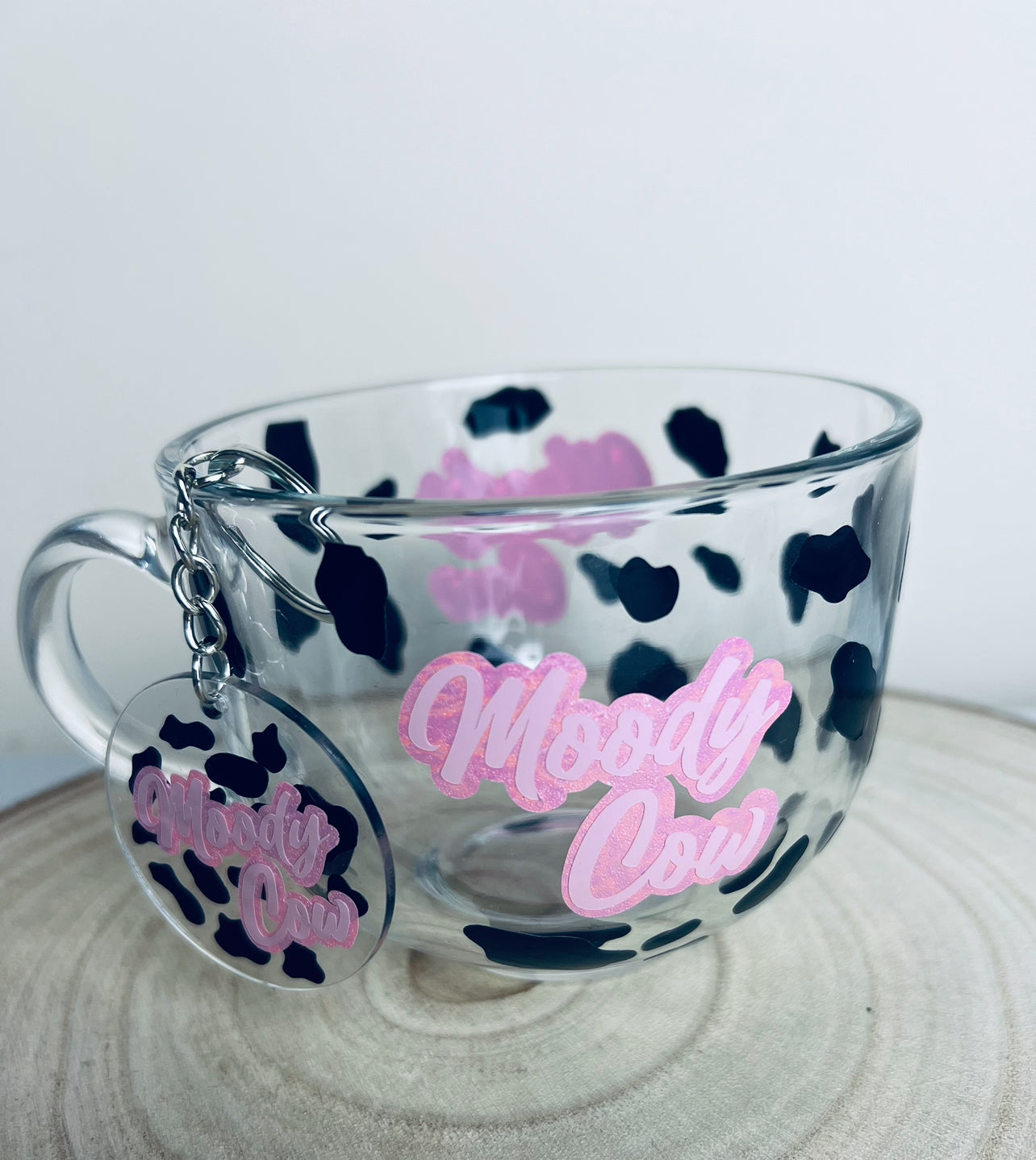 Moody cow large glass mug with matching keyring ( read description)