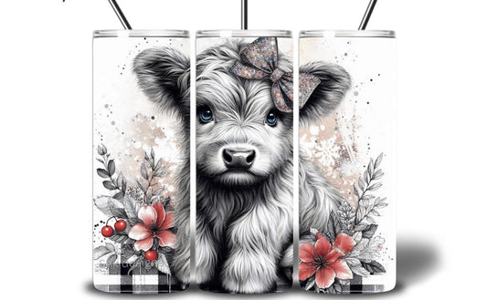 20oz stainless steel steel highlandcow with red flowers