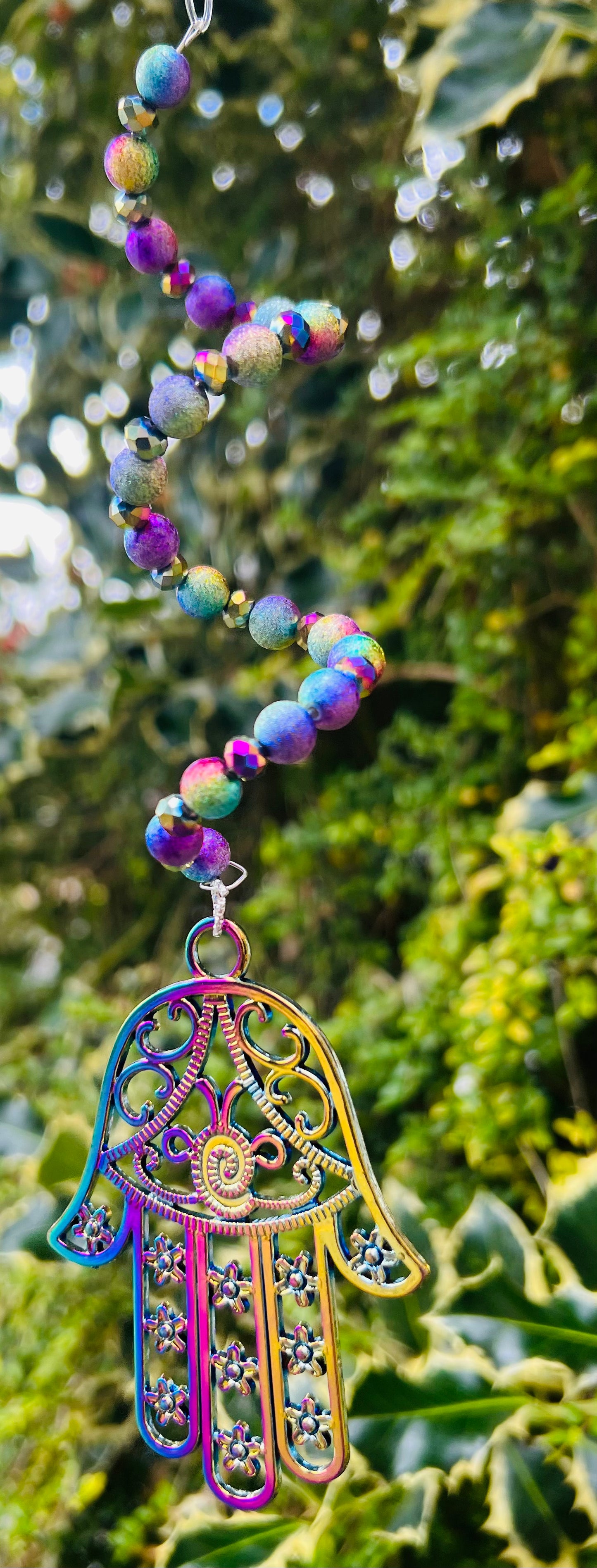 Metallic bead spiral hamsa hanging decoration