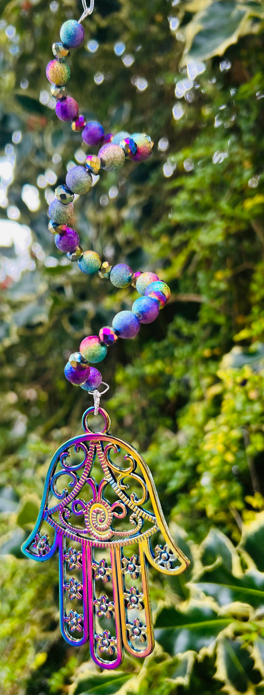 Metallic bead spiral hamsa hanging decoration