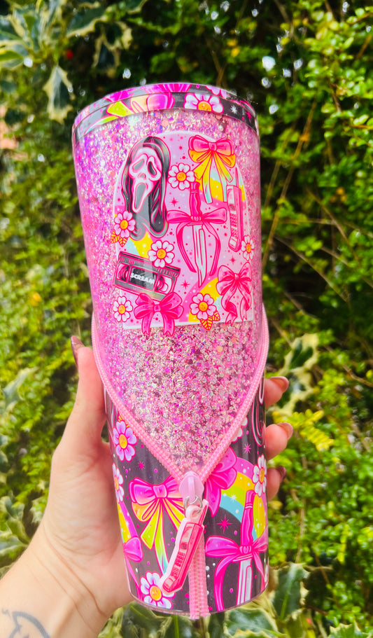 24oz pink ghost face zipper tumbler