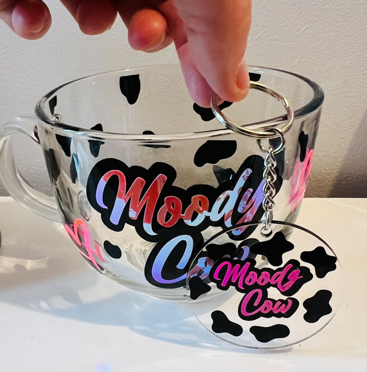 Moody cow large glass mug with matching keyring ( read description)