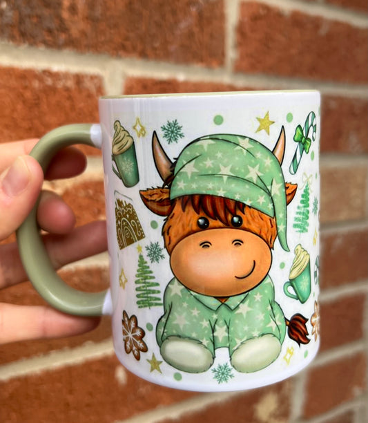 Sage green Christmas 11oz highland cow mug