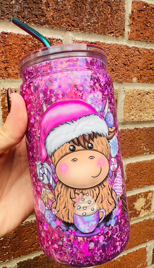 16oz pink Christmas highland cow no globe  tumbler