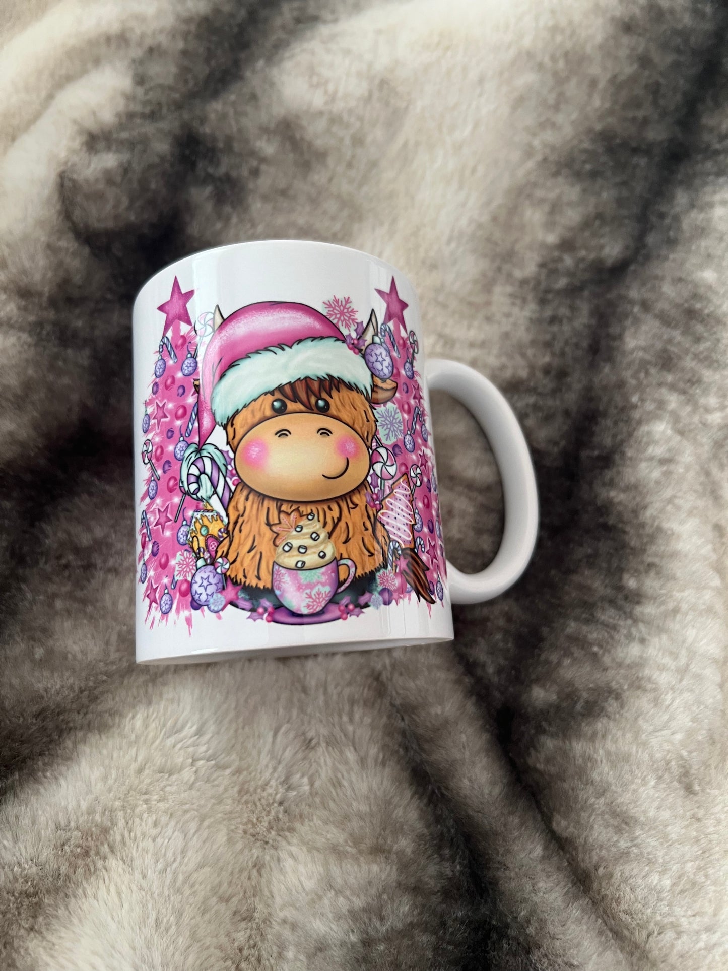 11oz pink Christmas highland cow mug
